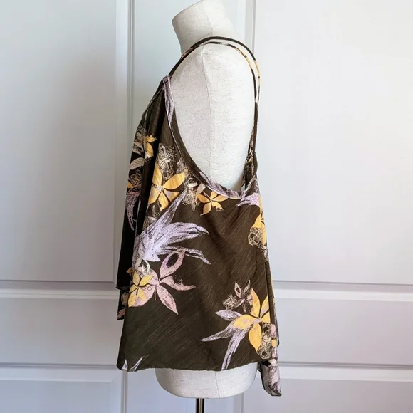 Free People Tank Top Floral Print Cotton  Sleeveless Draped Olive Combo M NWT - Picture 7 of 12